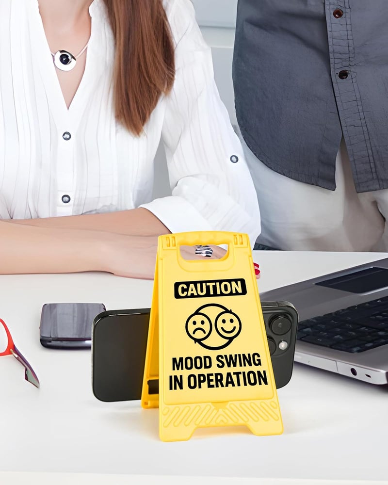 EXUBERIUM Caution Mood Swing in Operation Funny Reminder Desk Sign Yellow Warning Style Office Table Decorative Gift for Coworkers Friends Home Workspace Phone Holder Mirror Acrylic Cubicle Tabletop Sign - Image 4